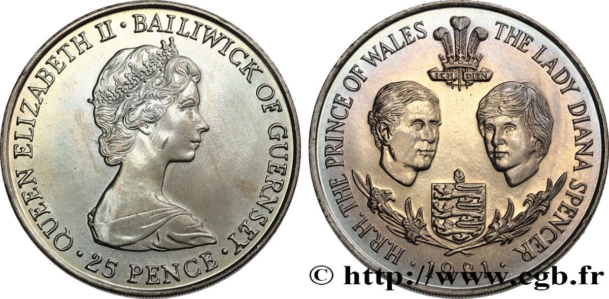 GUERNSEY 25 Pence Mariage Prince Charles et Lady Diana Spencer 1981  SPL 