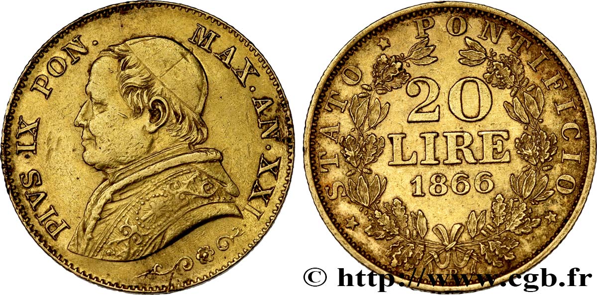 VATICAN AND PAPAL STATES 20 Lire Pie IX an XXI 1866 Rome XF/AU 
