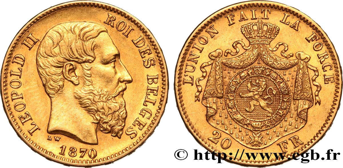 INVESTMENT GOLD 20 Francs Léopold II 1870 Bruxelles AU 