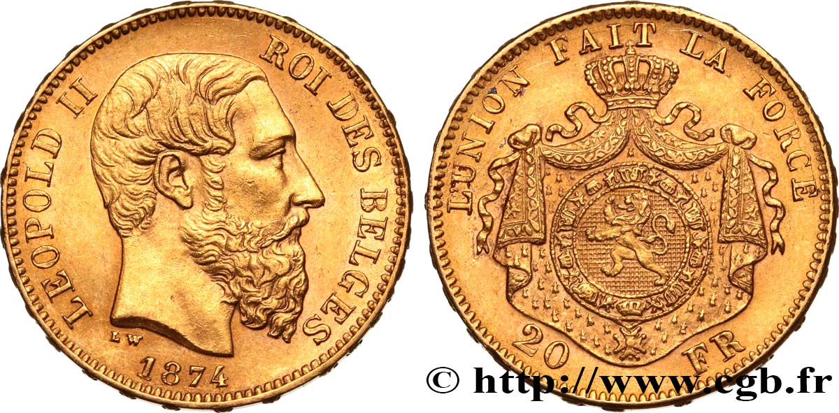 INVESTMENT GOLD 20 Francs Léopold II 1874 Bruxelles AU 