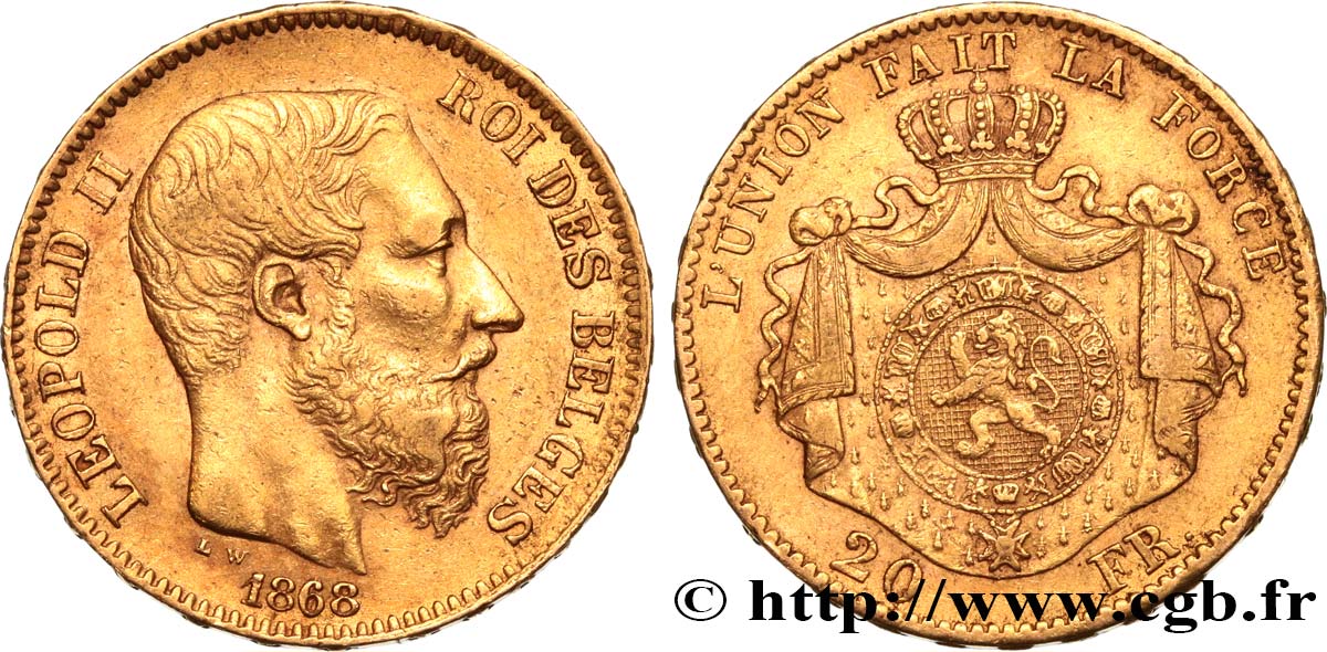 INVESTMENT GOLD 20 Francs Léopold II 1868 Bruxelles XF 
