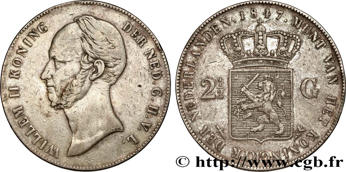 PAíSES BAJOS 2 1/2 Gulden Guillaume II 1847 Utrecht BC+ 