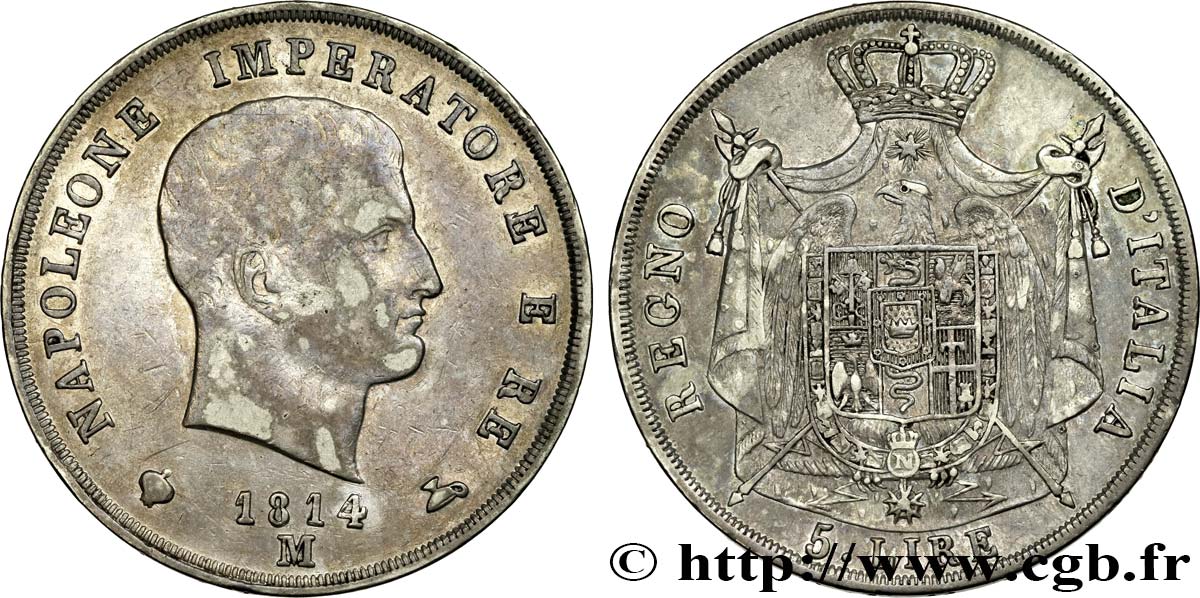 ITALIE - ROYAUME D ITALIE - NAPOLÉON Ier 5 Lire 1814 Milan TTB 