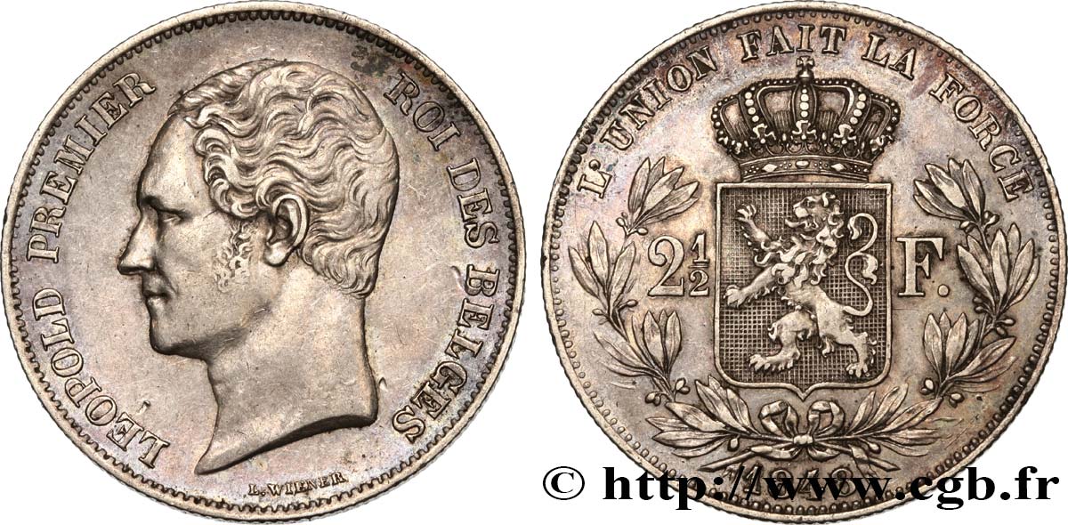 BELGIQUE - ROYAUME DE BELGIQUE - LÉOPOLD Ier 2 1/2 Francs, 2e type, petite tête nue 1848 Bruxelles AU 