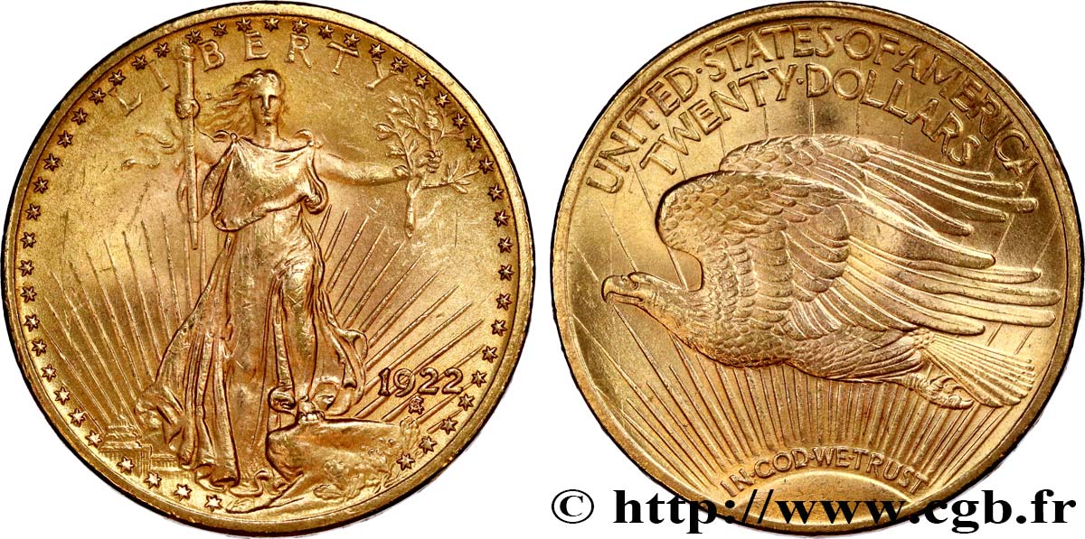INVESTMENT GOLD 20 Dollars  Saint-Gaudens” 1922 Philadelphie SC 