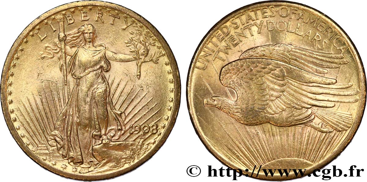 INVESTMENT GOLD 20 Dollars “Saint-Gaudens” 1908 Philadelphie SPL 
