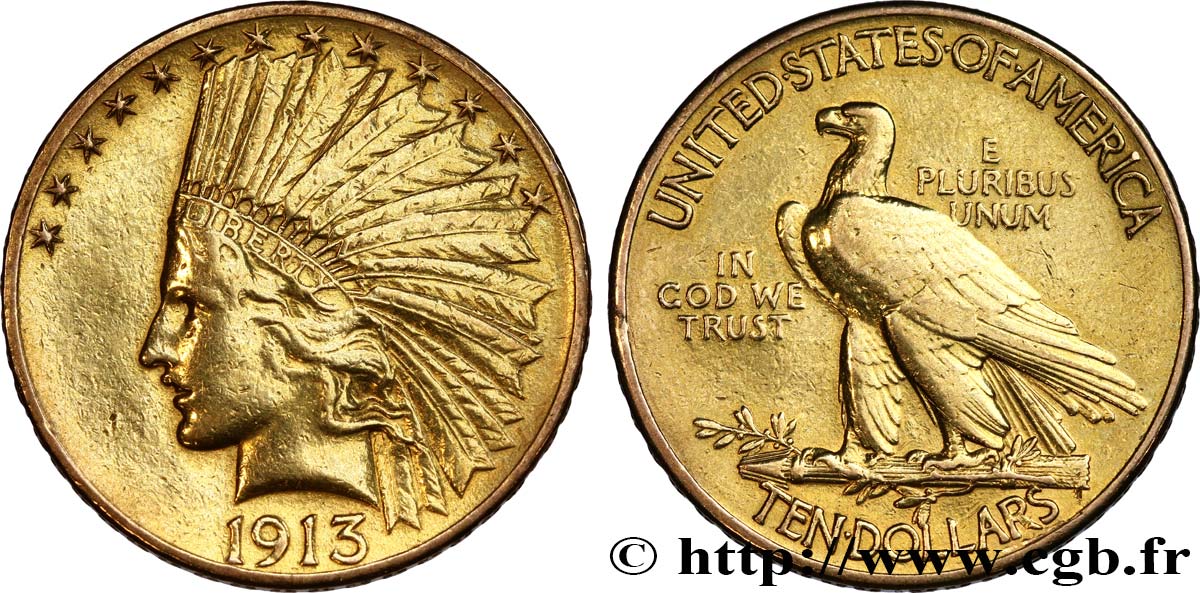 OR D INVESTISSEMENT 10 Dollars  Indian Head , 2e type 1913 Philadelphie TTB 