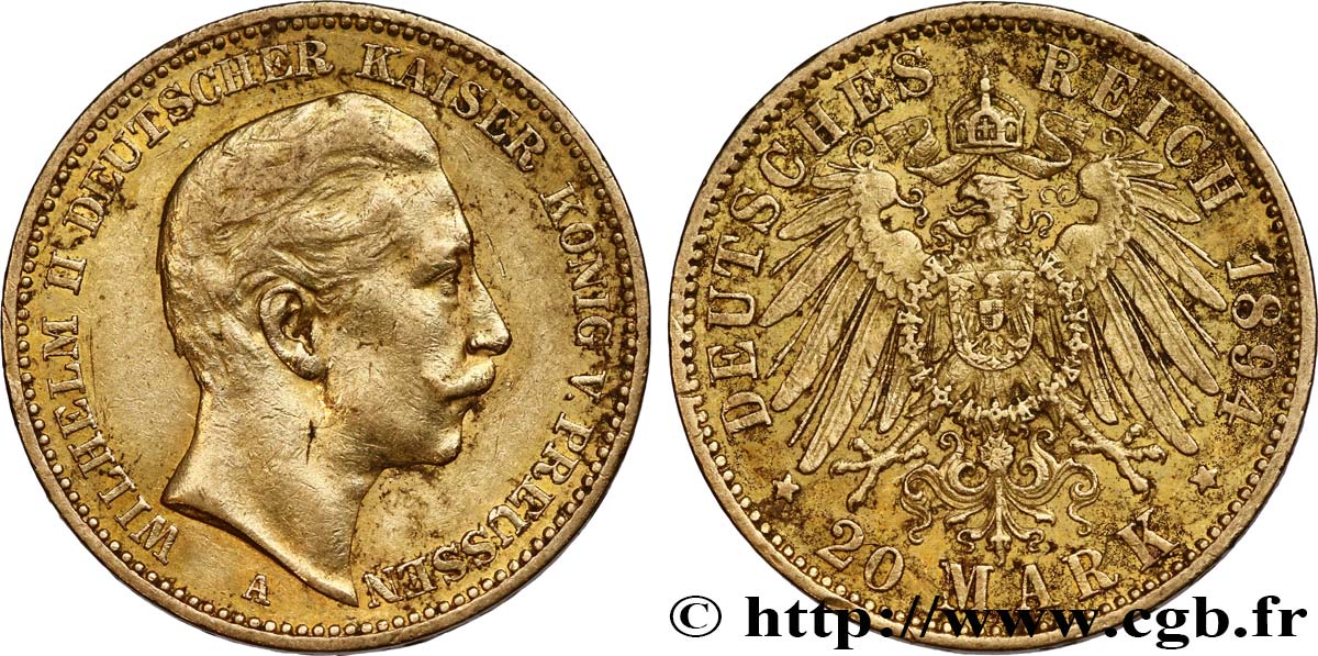 INVESTMENT GOLD 20 Mark Guillaume II 1894 Berlin XF 