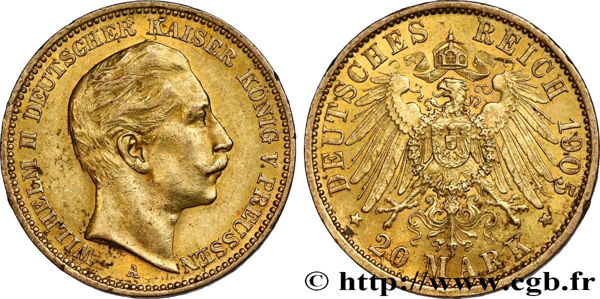 INVESTMENT GOLD 20 Mark Guillaume II 1905 Berlin MBC+/EBC 