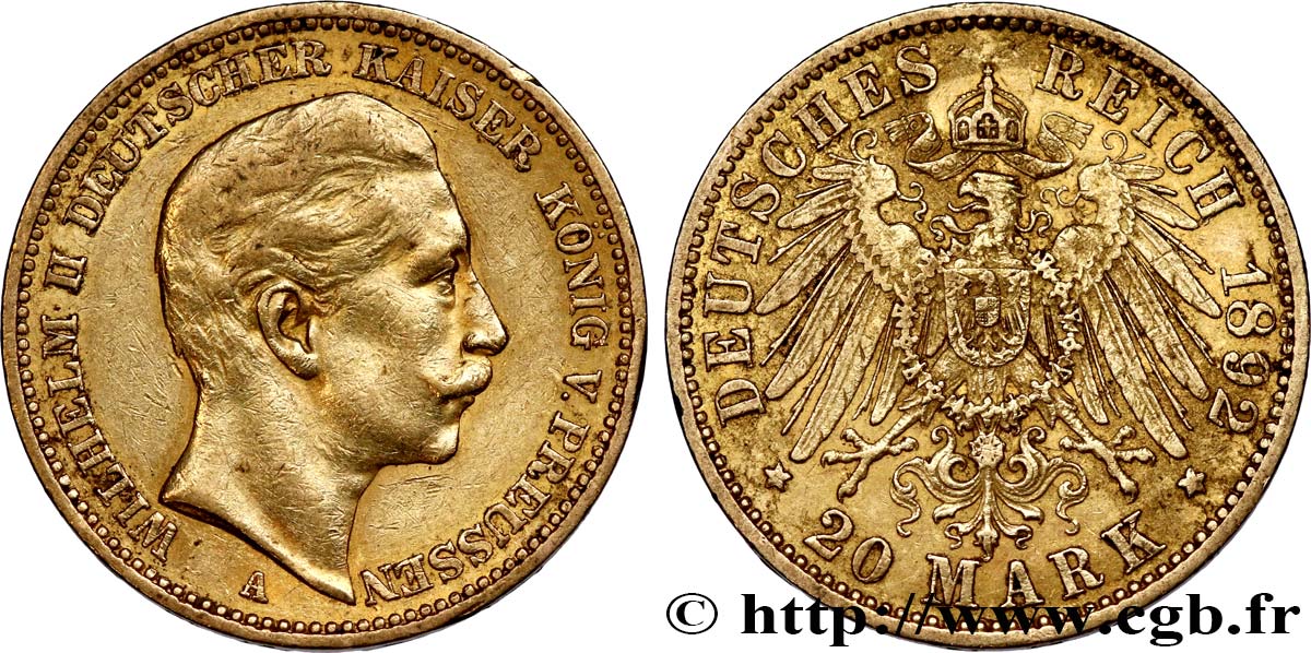 INVESTMENT GOLD 20 Mark Guillaume II 1892 Berlin SS 