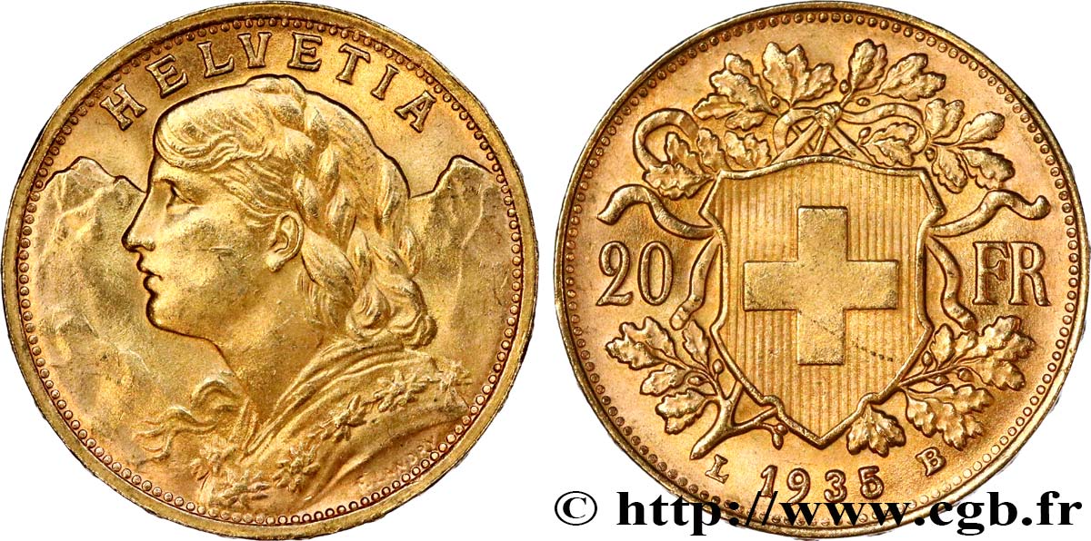 INVESTMENT GOLD 20 Francs or  Vreneli   1935 Berne SC 