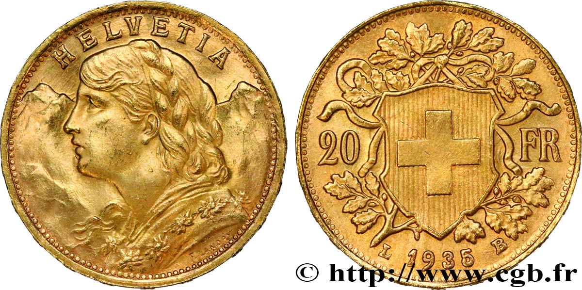 INVESTMENT GOLD 20 Francs or  Vreneli   1935 Berne MS 