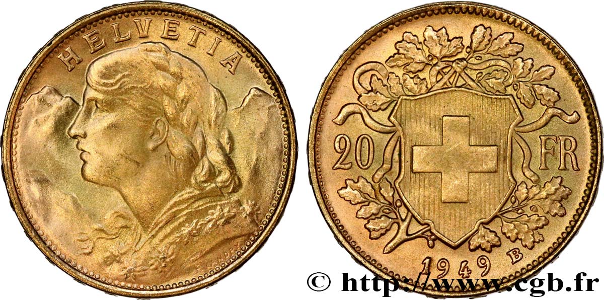 INVESTMENT GOLD 20 Francs or  Vreneli  1949 Berne SC 