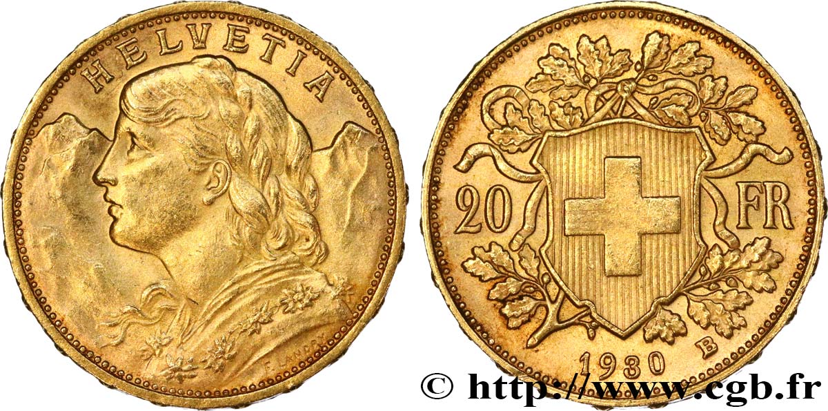 INVESTMENT GOLD 20 Francs  Vreneli  1930 Berne AU 
