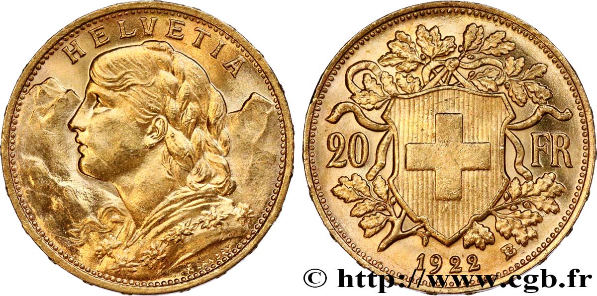 INVESTMENT GOLD 20 Francs  Vreneli   1922 Berne fST 