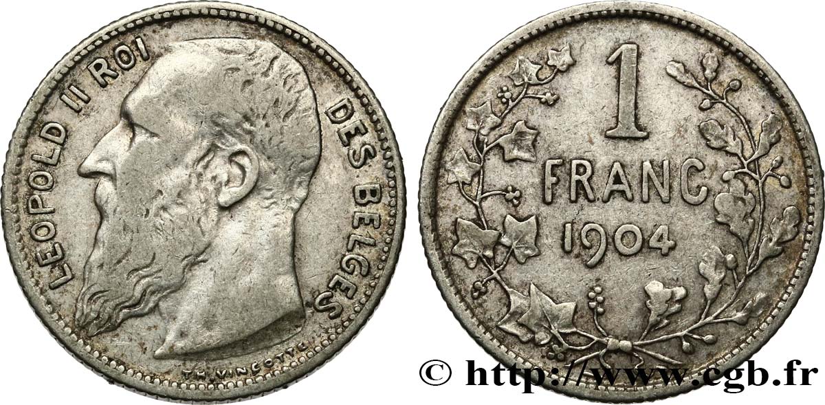 BELGIQUE 1 Franc Léopold II légende française
 1904  TTB 