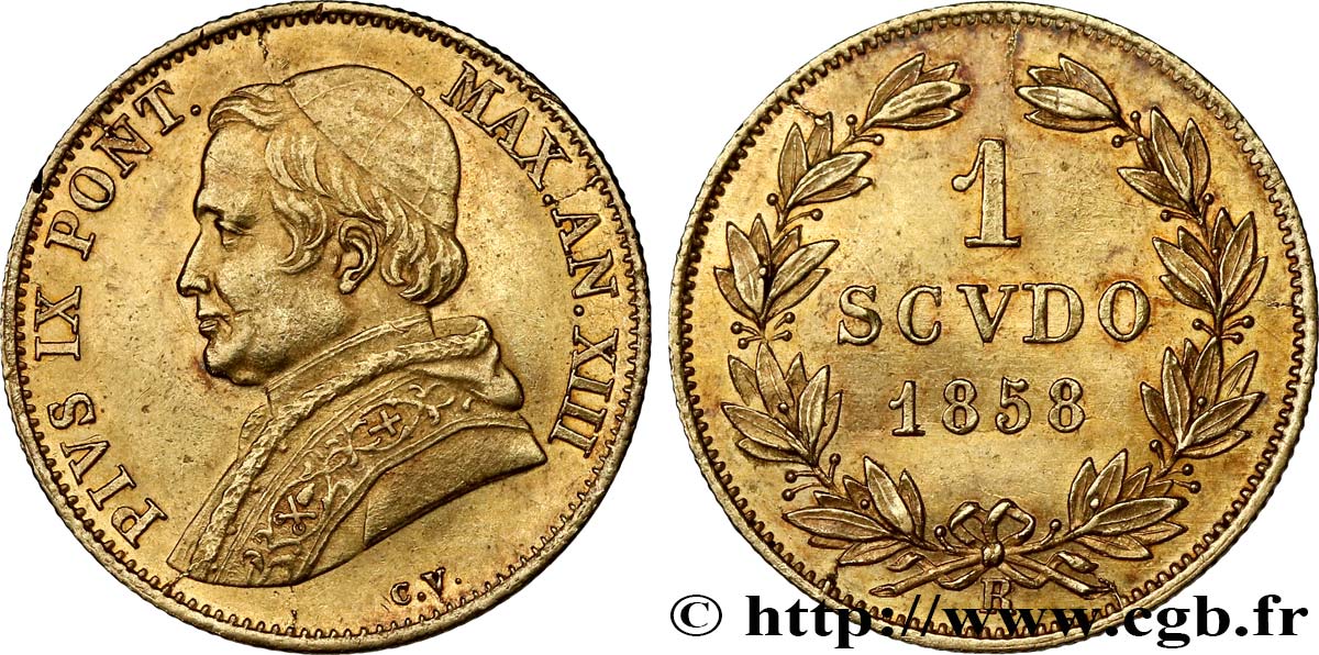 ITALY - PAPAL STATES - PIUS IX (Giovanni Maria Mastai Ferretti) 1 scudo or 1858 Rome AU 