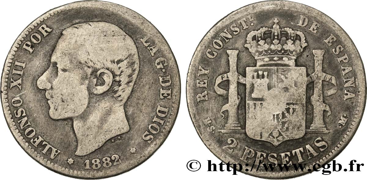 ESPAGNE 2 Pesetas Alphonse XI 1882 Madrid TB 