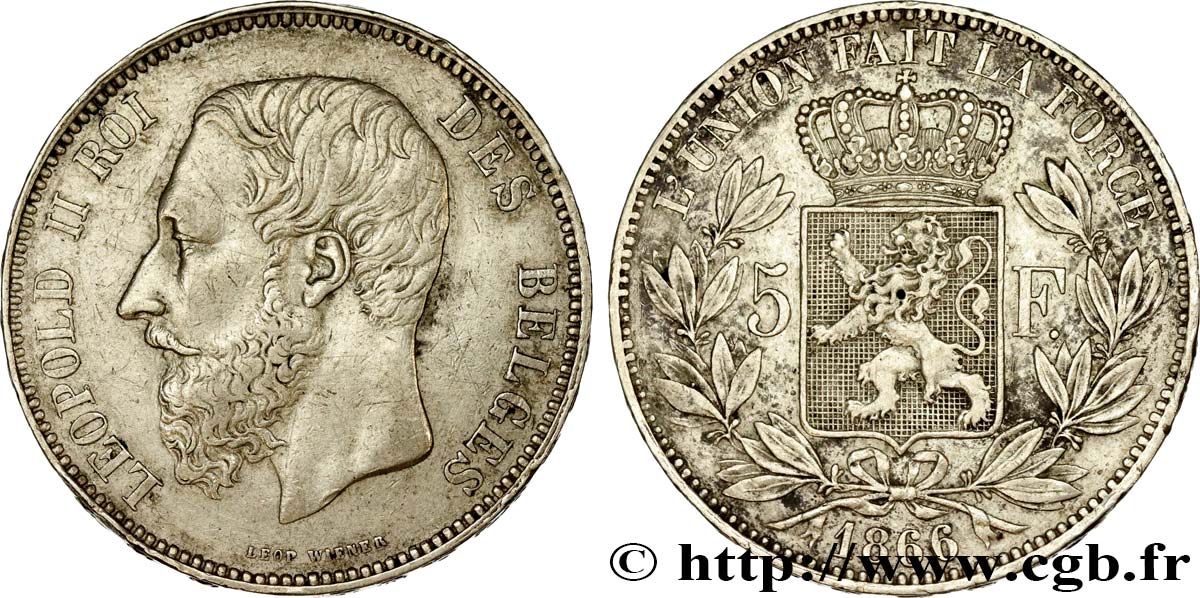 BELGIUM 5 Francs Léopold II 1866  XF/AU 