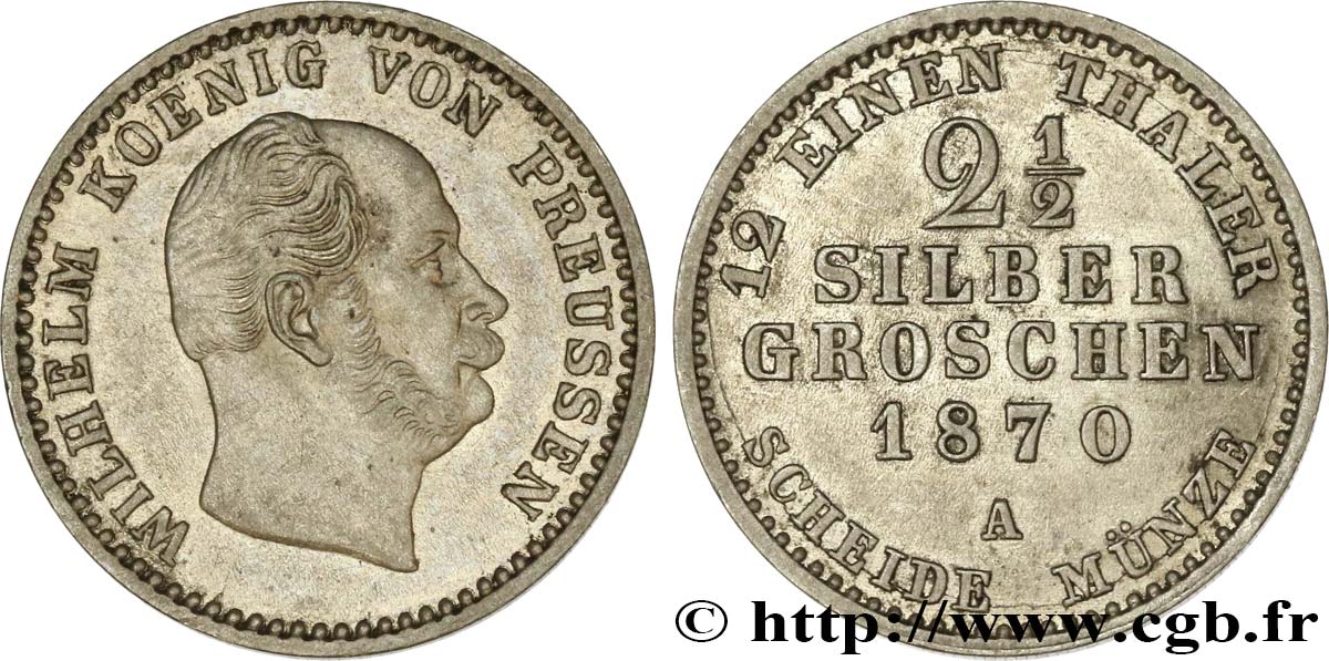 GERMANIA - PRUSSIA 2 1/2 Silbergroschen (1/12 Thaler) Guillaume 1870 Berlin SPL+ 