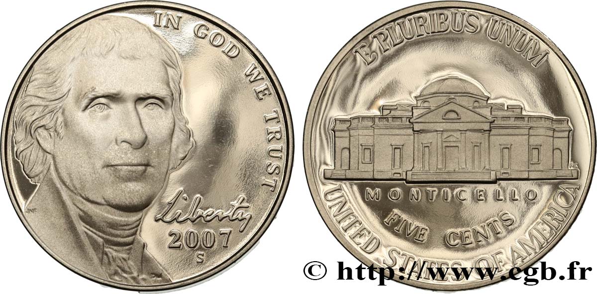ESTADOS UNIDOS DE AMÉRICA 5 Cents président Thomas Jefferson d’après Rembrandt Peale - Proof 2007 San Francisco SC 