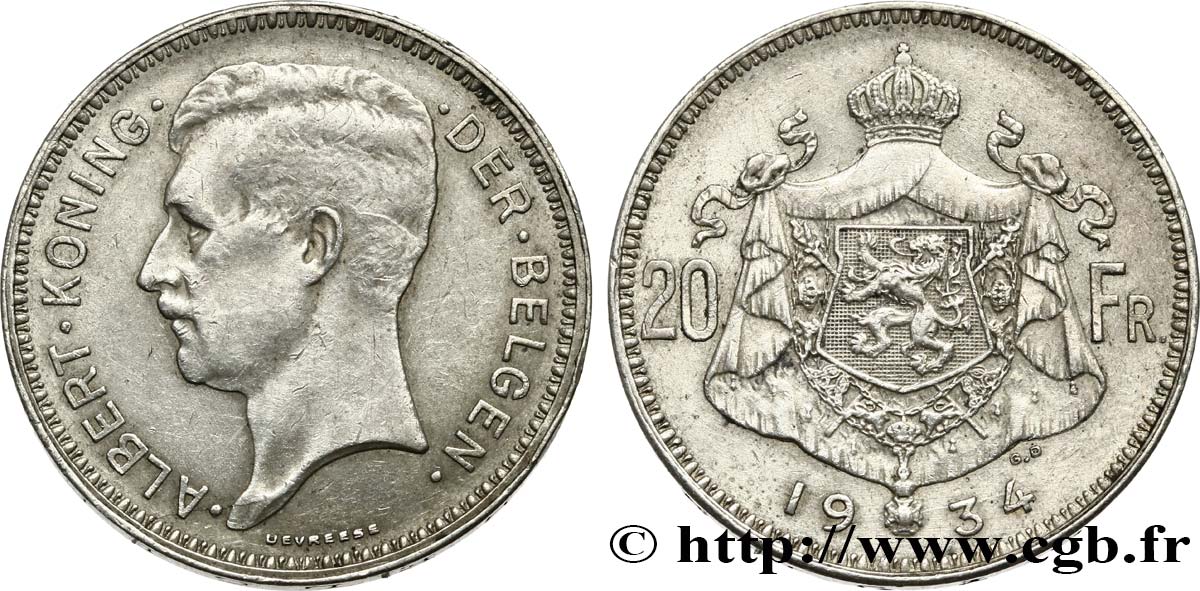 BELGIO 20 Franken (Francs) Albert Ier légende Flamande position A 1934  BB 