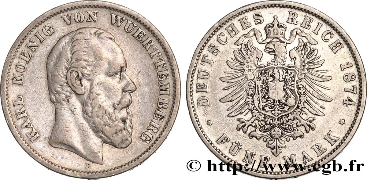 GERMANIA - WÜRTEMBERG 5 Mark Charles 1874 Stuttgart BB 