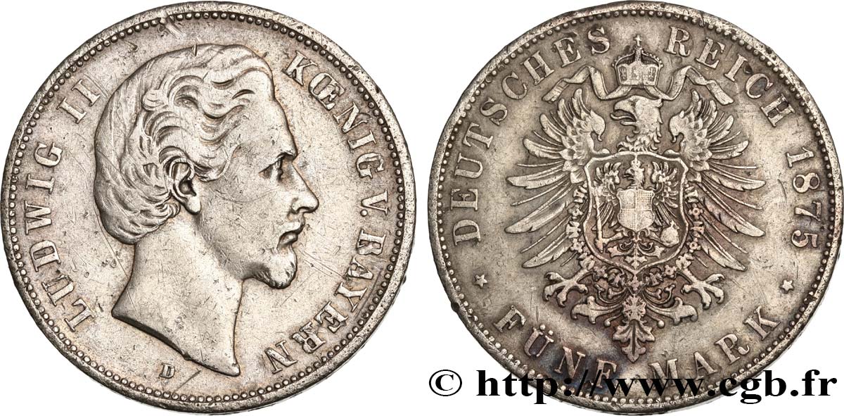 ALEMANIA - BAVIERA 5 Mark Louis II 1875 Munich BC+ 