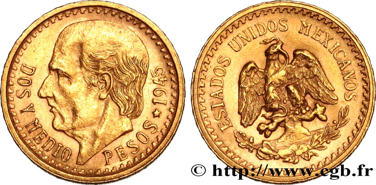MÉXICO 2 1/2 Pesos Miguel Hidalgo 1945 Mexico EBC 
