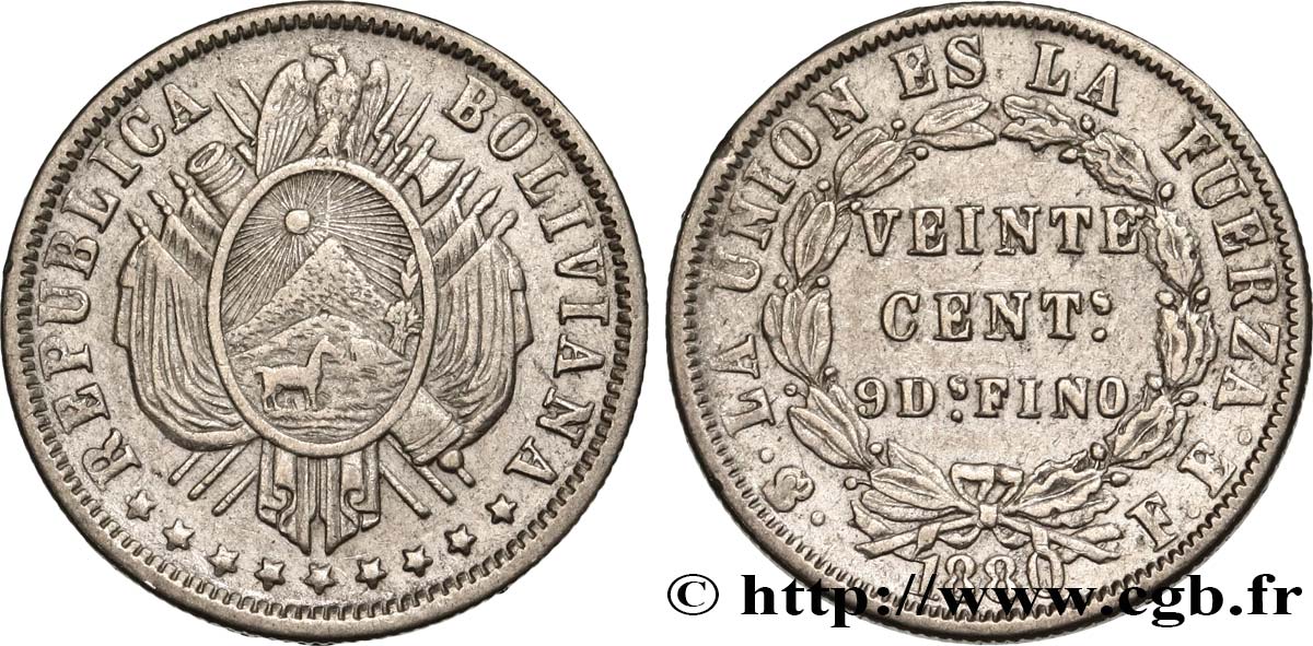BOLIVIA 20 Centavos 1880 Potosi BB 