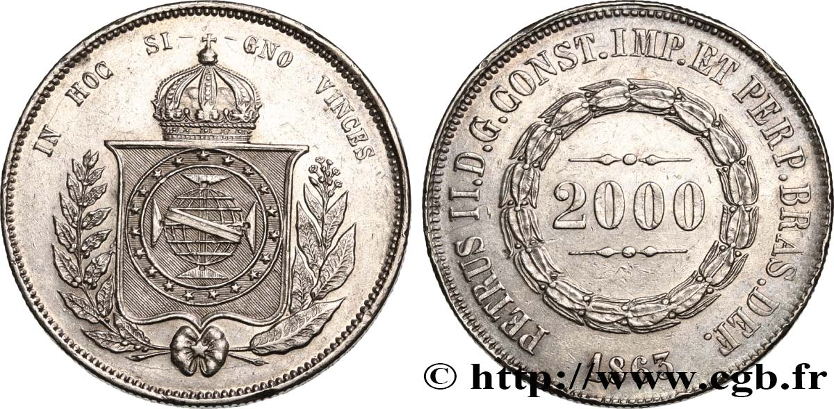 BRAZIL 2000 Reis Pierre II 1863  AU/AU 
