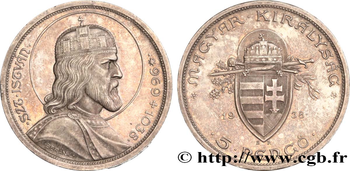 HUNGARY 5 Pengo 900e anniversaire de la mort de St Stephan 1938 Budapest AU 
