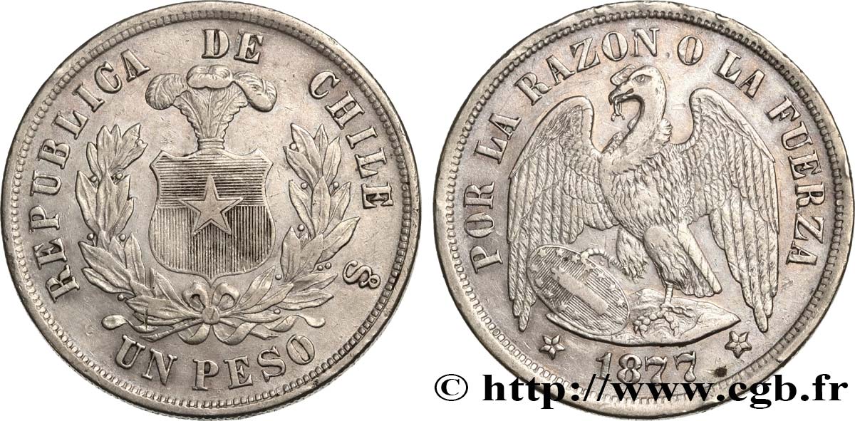 CHILE 1 Peso condor 1877 Santiago AU 