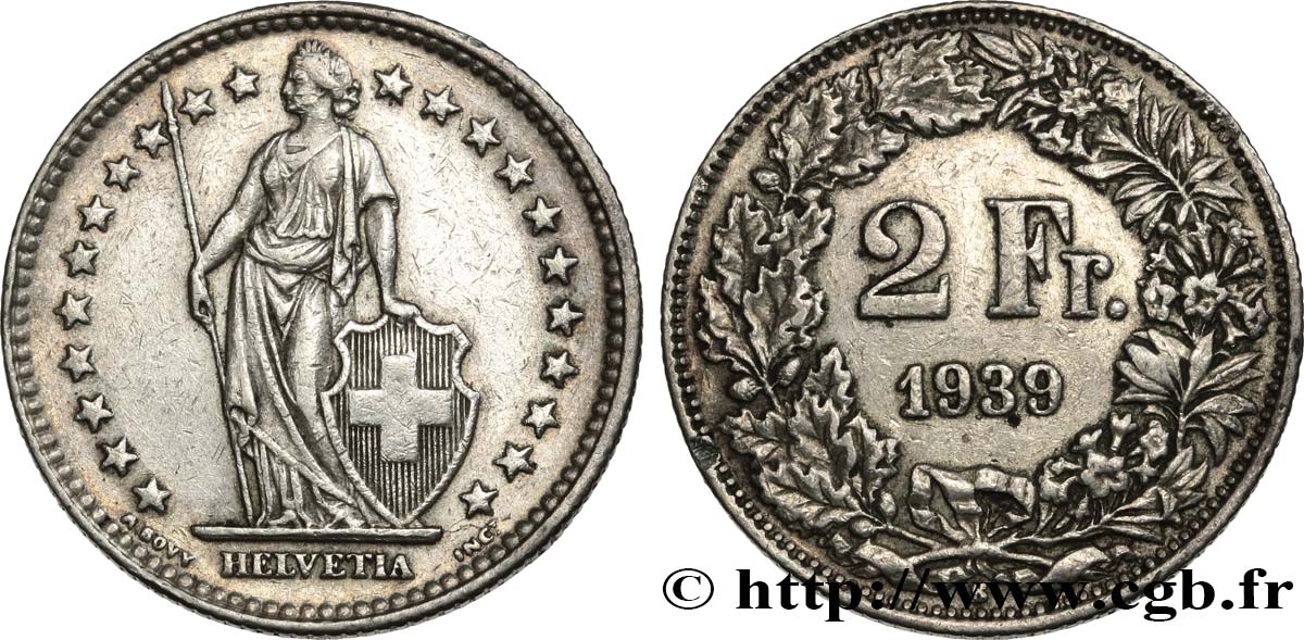 SWITZERLAND 2 Francs Helvetia 1939 Berne - B XF 
