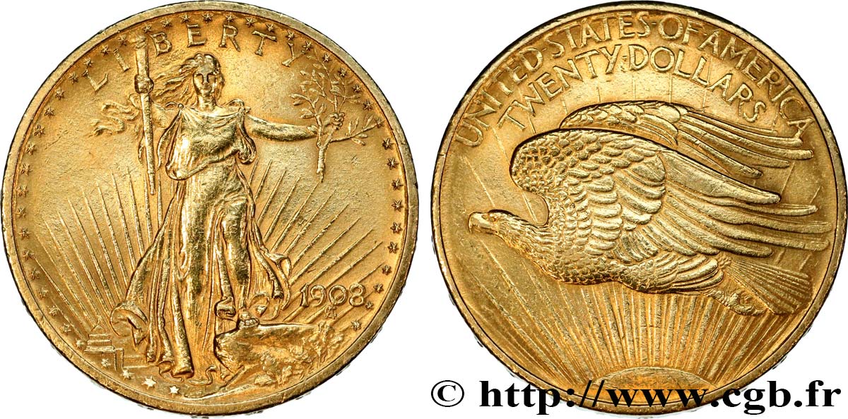 INVESTMENT GOLD 20 Dollars “Saint-Gaudens” 1908 Philadelphie AU 