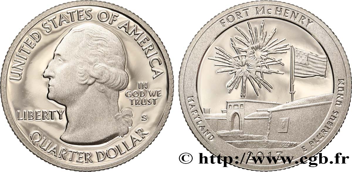 STATI UNITI D AMERICA 1/4 Dollar Fort McHenry - Maryland - Silver Proof 2013 San Francisco MS 