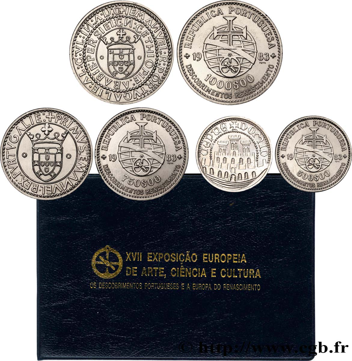 PORTUGAL Série trois monnaies 500, 750 et 1000 Escudos “découvertes et renaissance” 1983  SPL 