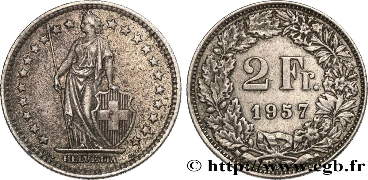 SVIZZERA  2 Francs Helvetia 1957 Berne q.SPL 