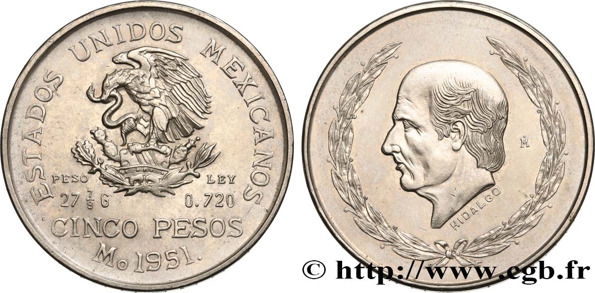 MÉXICO 5 Pesos Miguel Hidaldo y Costilla 1951 Mexico EBC 