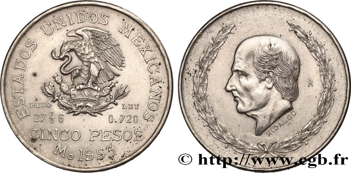 MEXIKO 5 Pesos Miguel Hidalgo 1953 Mexico VZ 