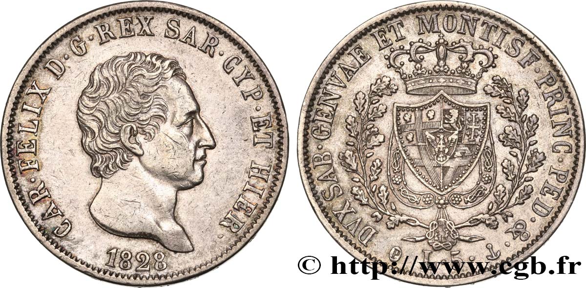 ITALY - KINGDOM OF SARDINIA 5 Lire Charles Félix 1828 Gênes AU 
