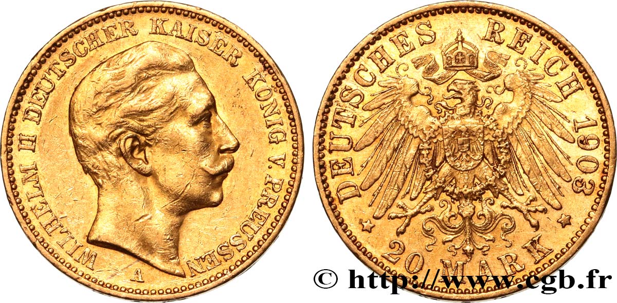 GERMANY - PRUSSIA 20 Mark or, 2e type Guillaume II 1903 Berlin AU/AU 