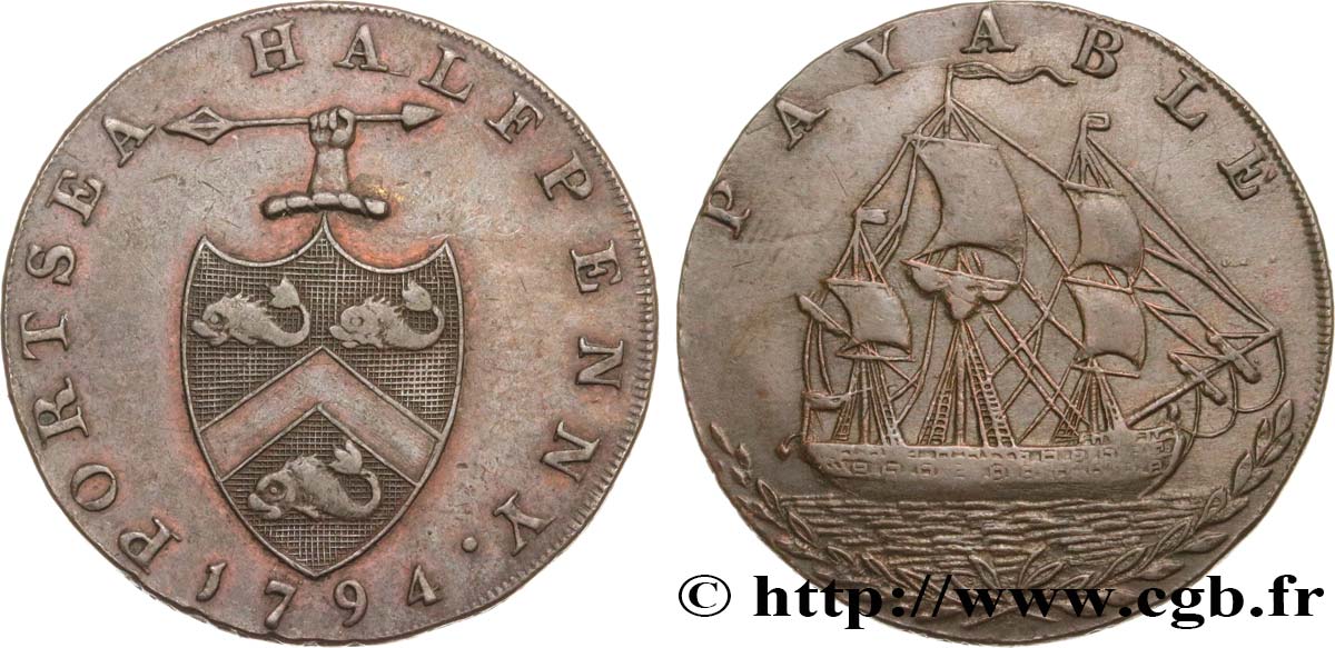 BRITISH TOKENS OR JETTONS 1/2 Penny Portsea (Hampshire) George Edward Sargeant 1794  XF 