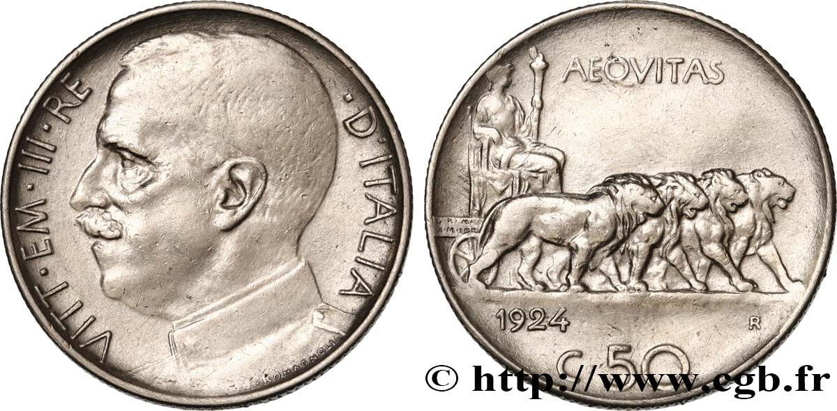 ITALIE - ROYAUME D ITALIE - VICTOR-EMMANUEL III 50 Centesimi 1924 Rome  TTB+ 