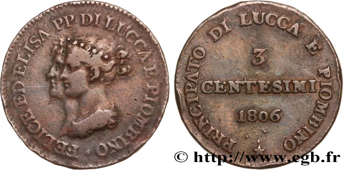 ITALY - PRINCIPALTY OF LUCCA AND PIOMBINO - FELIX BACCIOCHI AND ELISA BONAPARTE 3 Centesimi 1806 Florence VF 