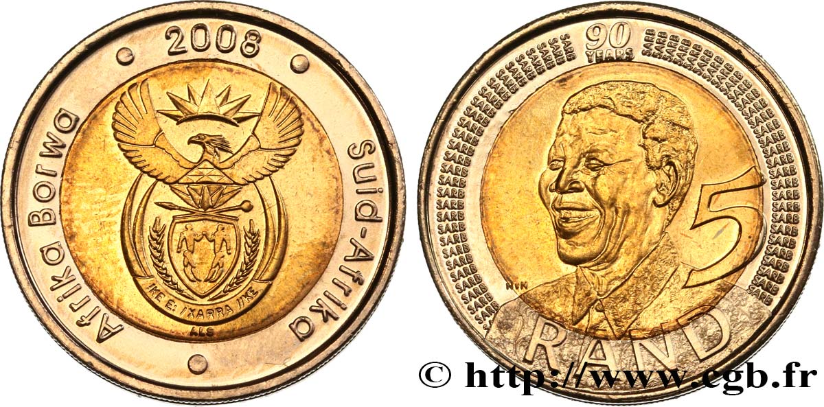 SüDAFRIKA 5 Rand Proof 90e anniversaire de Nelson Mandela 2008 Prétoria ST 