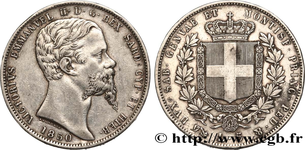 ITALIE - ROYAUME DE SARDAIGNE 5 Lire Victor Emmanuel II 1850 Gênes TTB 