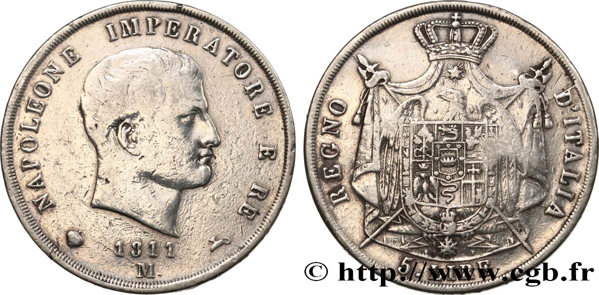 ITALIE - ROYAUME D ITALIE - NAPOLÉON Ier 5 Lire 1811 Milan TB+ 