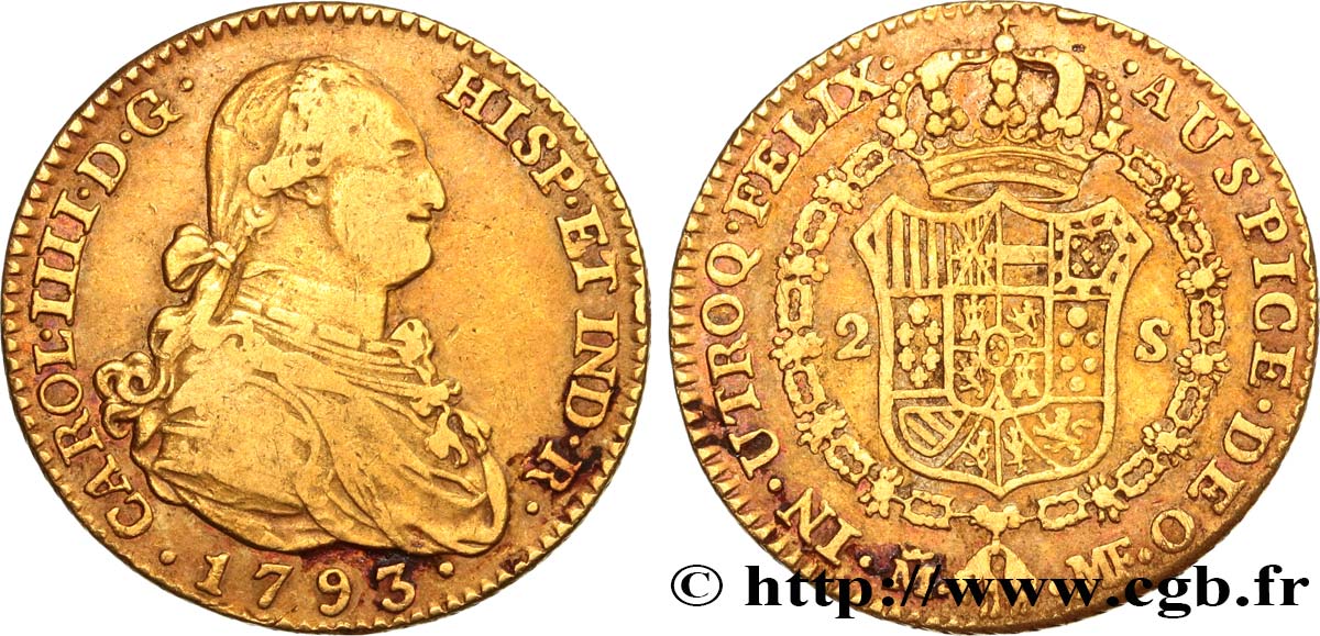 ESPAÑA 2 Escudos Charles IV 1793 Madrid BC+ 