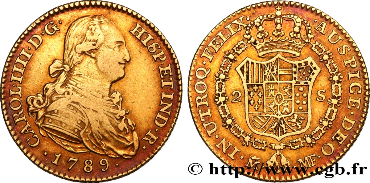SPAIN 2 Escudos Charles IV 1789 Madrid XF 
